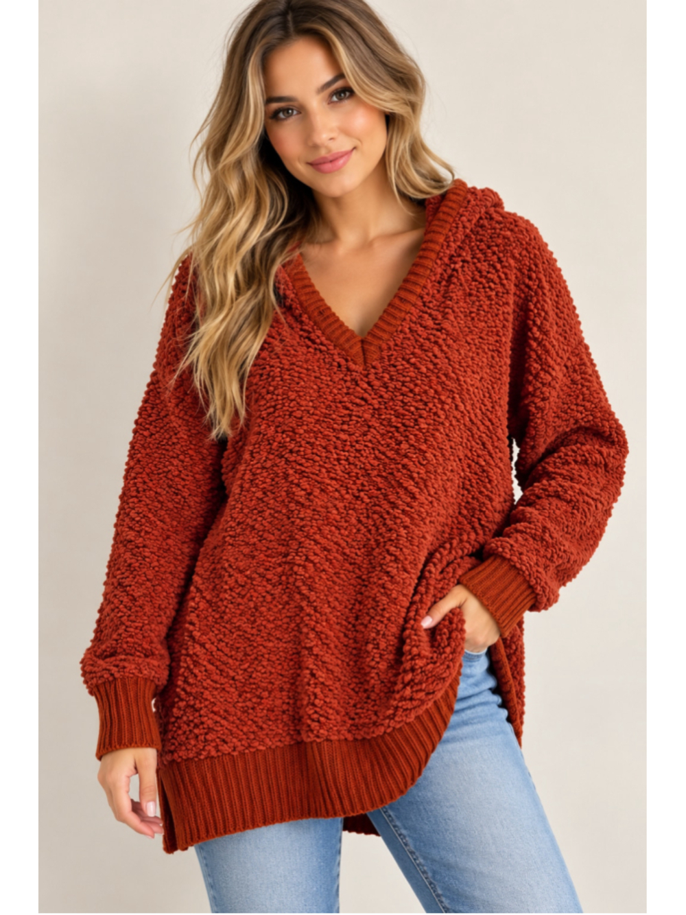 POL Popcorn Knit Hooded V-Neck Sweater Women Small Rust Oversized Tunic Boho